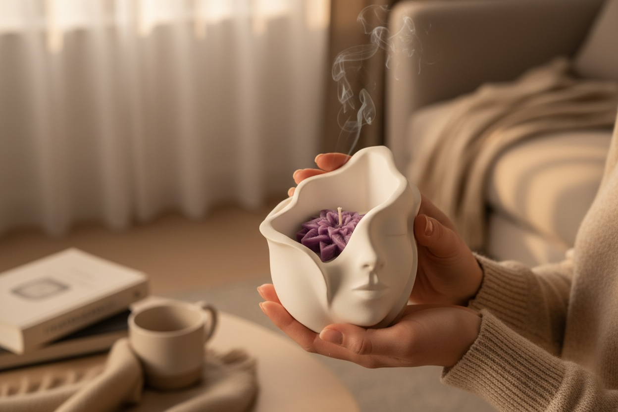 Lavanta Sakinliği Çiçek Detaylı Özel Kaplı El Yapımı Doğal Mum